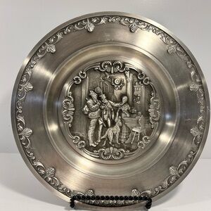 Vintage SKS Zinn German Pewter Wall Plate – Ornate Relief Scene – 9” Decorative
